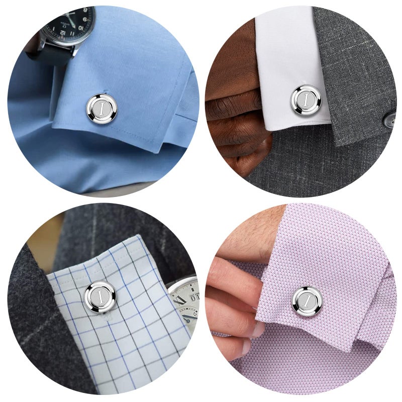 AMITER Cufflinks and Tie Bar Set for Men Silver Initials A-Z Formal Business Wedding Tuxedo Shirts (I(2Cufflink+Tie Clip)) - Image 3